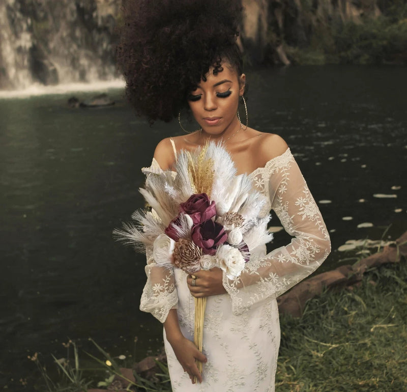 Burgundy Pampas Grass Bridal Bouquet Sola Wood Cream Ivory Wheat BOHO Bridesmaid Pampas Grass