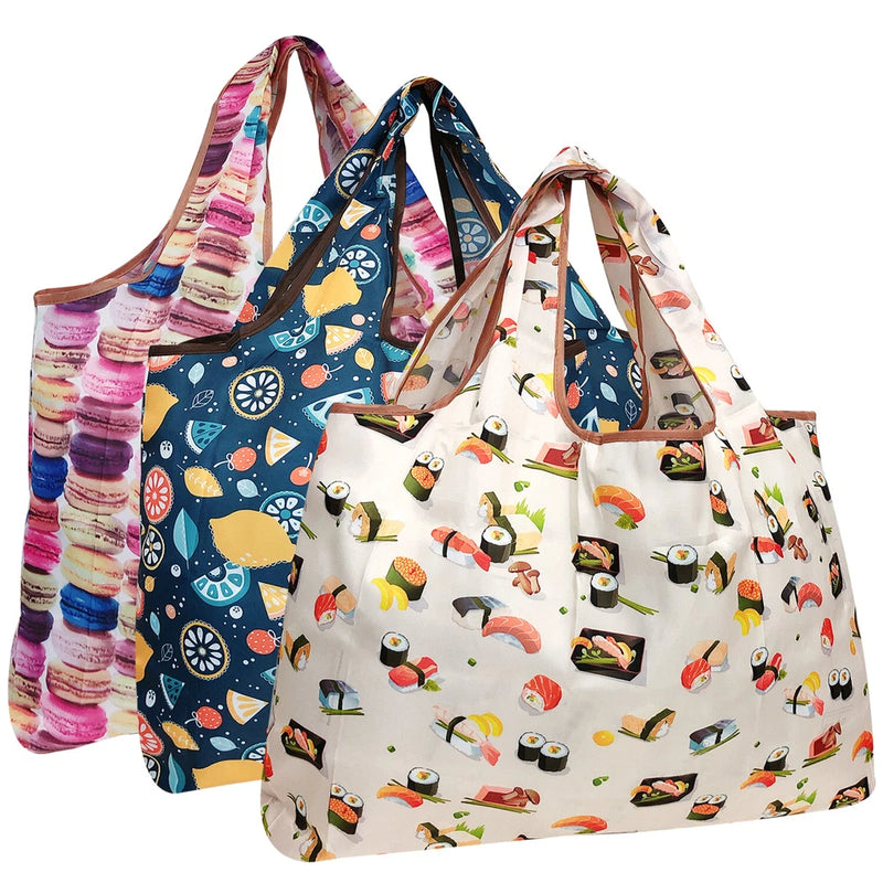 Wrapables Large Foldable Tote Nylon Reusable Grocery Bag, 3 Pack Bouquet