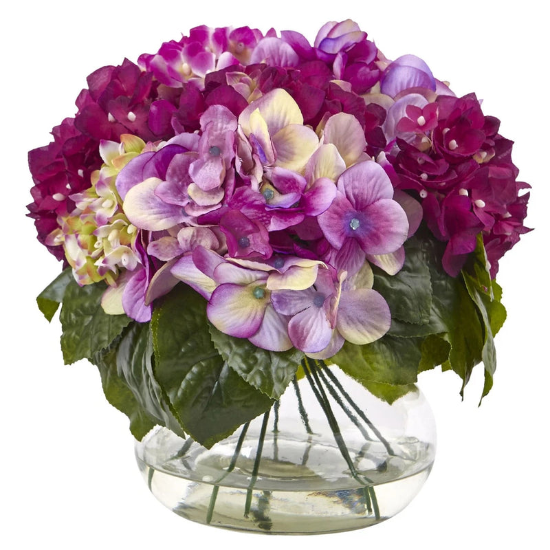 Nearly Natural Multi-Tone Beauty Hydrangea with Round Glass Vase Hydrangea