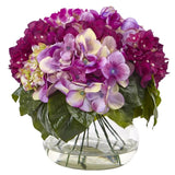 Nearly Natural Multi-Tone Beauty Hydrangea with Round Glass Vase Hydrangea