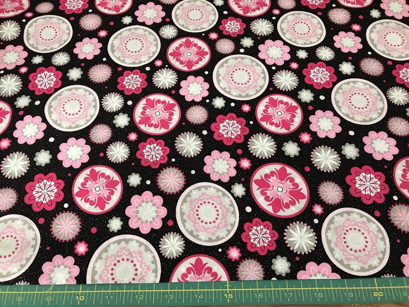 Pink Flowers on Black Glitter 100% cotton  fabric sold by the yard #694 Flowering Plants