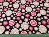 Pink Flowers on Black Glitter 100% cotton  fabric sold by the yard #694 Flowering Plants