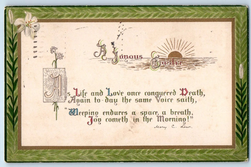 Vintage Easter quote postcard with lily floral border and central poem text