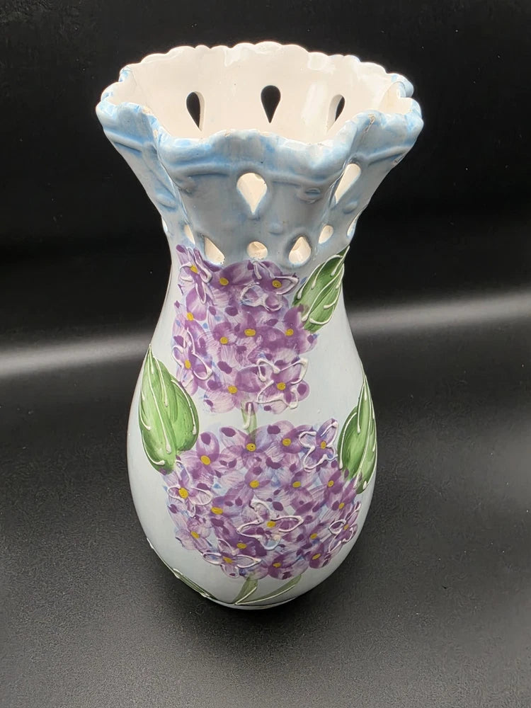Ceramic Moriage Vase Hydrangeas Flowers Teardrop Cut-outs 7" Hydrangea