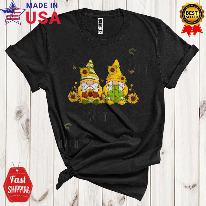 Two Gnomes With Sunflowers Butterflies, Adorable Gnomes Flowers Sunflower Shirt Sunflower