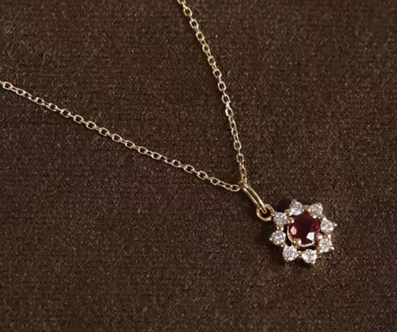 Dainty Sunflower: S925 Silver Red Zirconia Necklace Sunflower