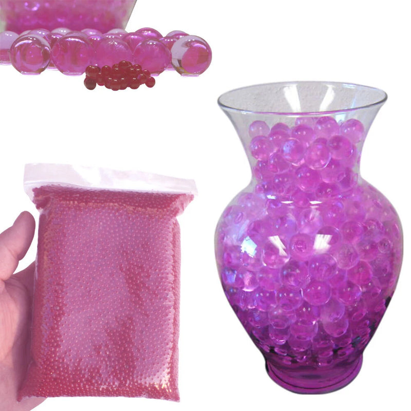 Purple water beads for floating candles, shown in small bag and vase
