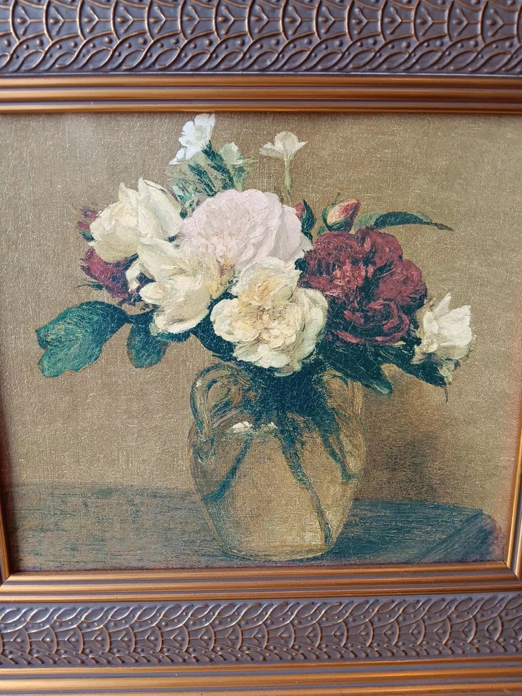 Framed floral carnations bouquet in a glass vase, cream and teal flowers