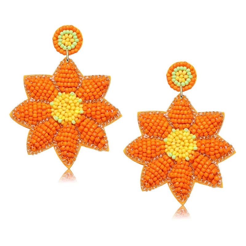 Handmade beaded sunflower drop dangle earrings, orange and yellow petals