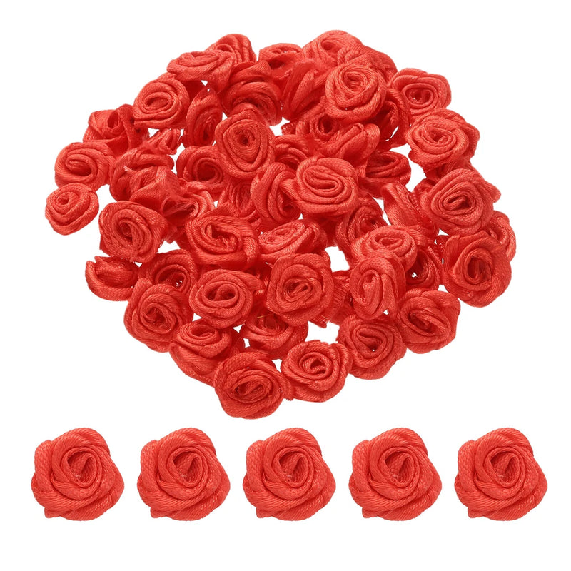 Red mini ribbon rose heads, 1.5cm craft flowers, bundle with 5 individual roses