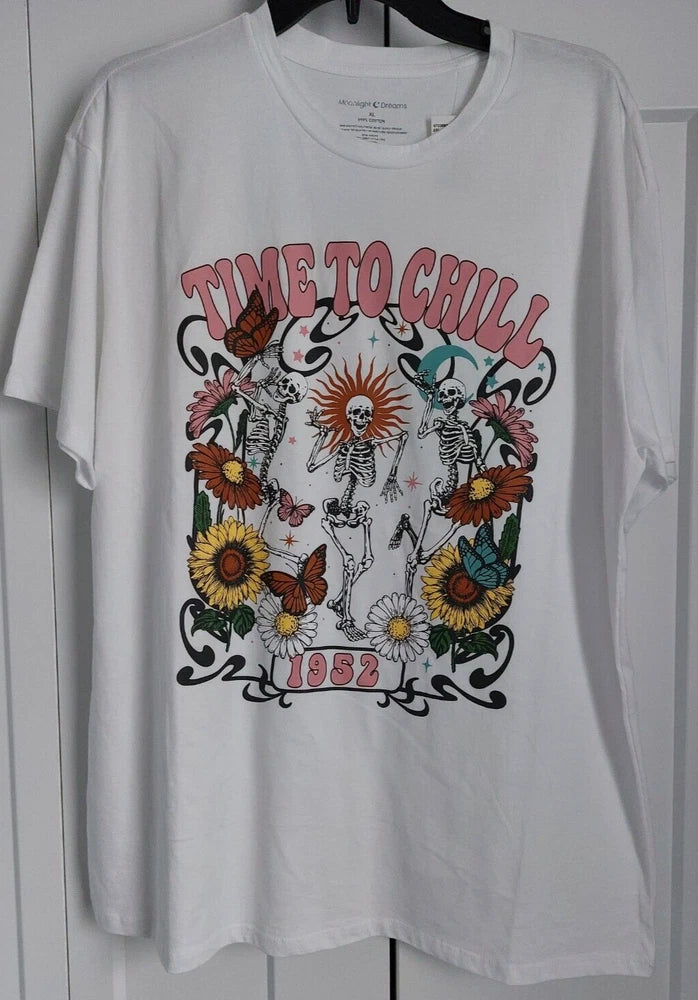 WOMEN'S MOONLIGHT DREAMS SKELETON SUNFLOWER BUTTERFLY WHITE SHIRT NWT XL Sunflower
