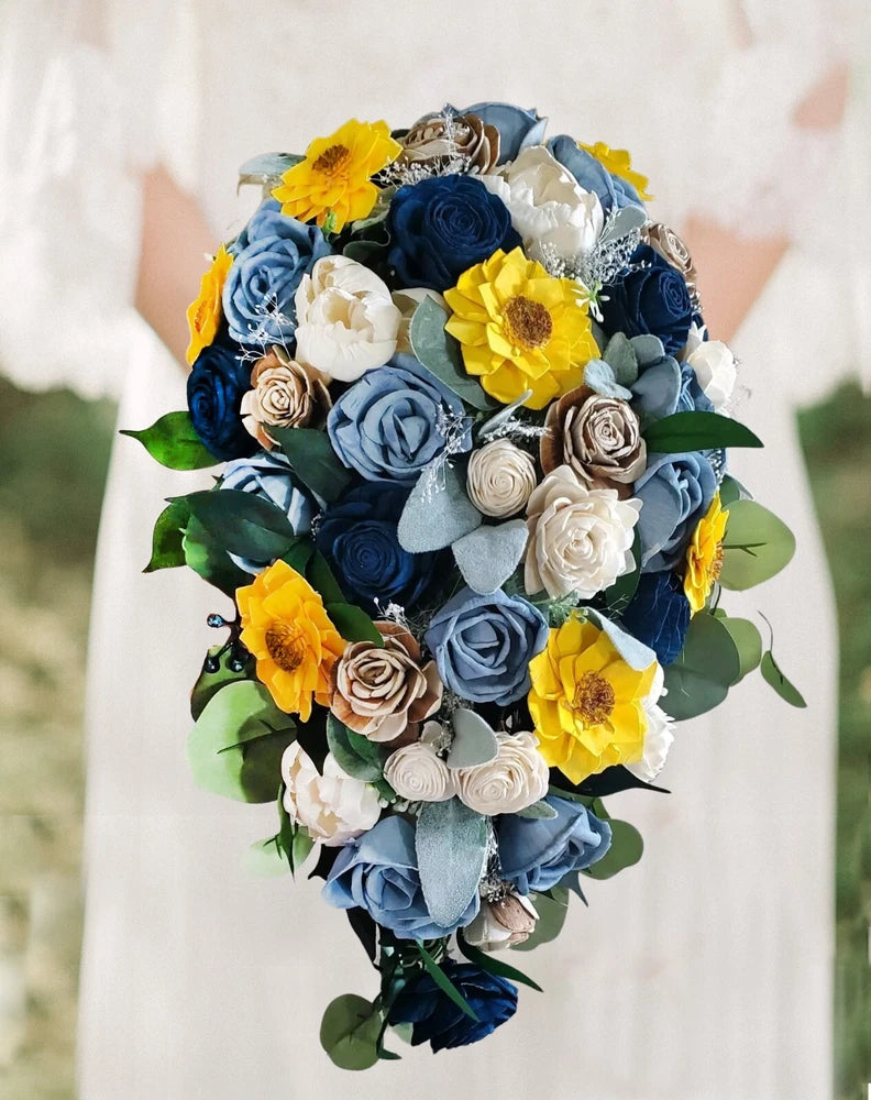 Dusty Blue Navy Sunflower Sola Wood Cascade Bridal Bouquet & Wedding Flowers Bouquet