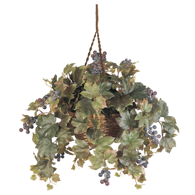 Nearly Natural Grape Leaf Hanging Basket Silk Plant Green Leaves Colored Berries Green Plant