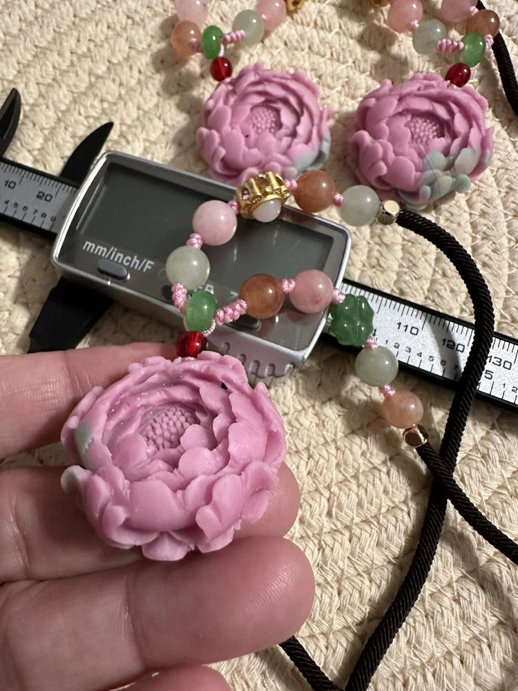 Pink peony flower beaded necklace with large flower pendant and bead strands