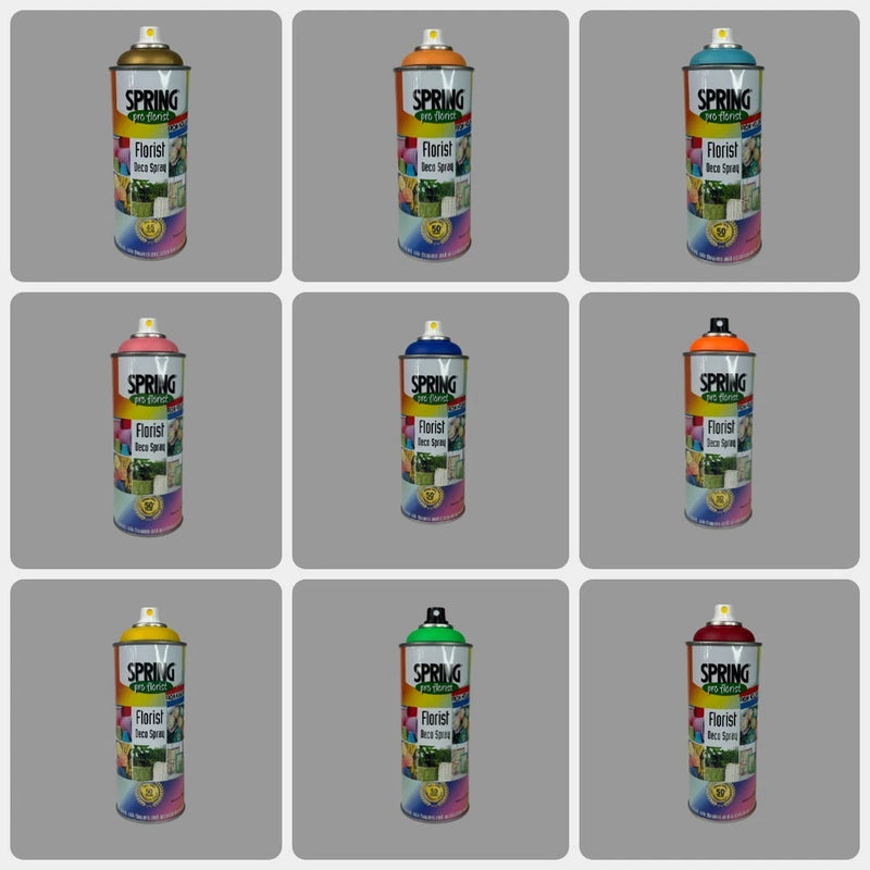 Set of floral spray paint cans labeled SPRING, colorful design, caps on top