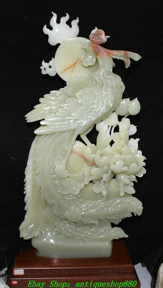 40.9''Chinese Natural Green Jade Carving Peony  Flower Phoenix Phenix Statue Peony