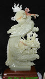 40.9''Chinese Natural Green Jade Carving Peony  Flower Phoenix Phenix Statue Peony