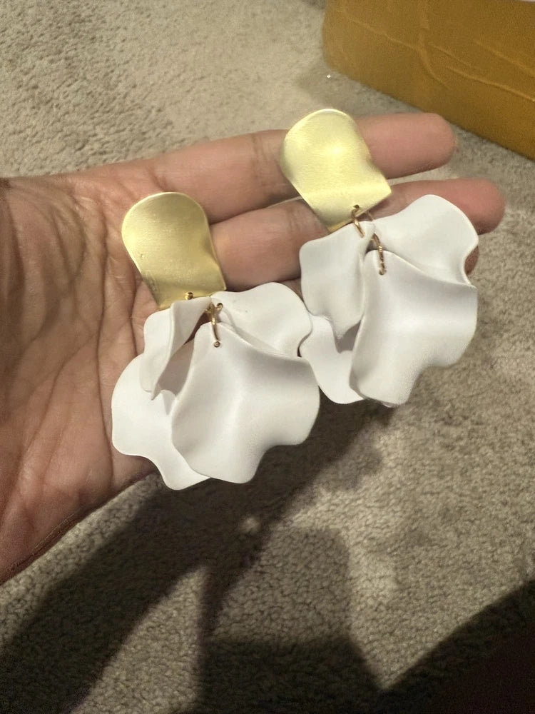 White Rose Petal Earrings Acrylic Flower Dangle Leaf Chandelier Pageant Sunflower