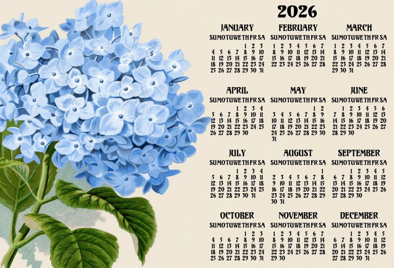 HYDRANGEA FLOWER FLORAL BLUE YEARLY OFFICE KITCHEN FRIDGE 2026 CALENDAR MAGNET Hydrangea