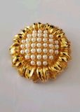 VINTAGE SUNFLOWER 2" BROOCH/PIN/PENDANT W/FAUX PEARLS, GOLDTONE SIGNED "MOD" Sunflower