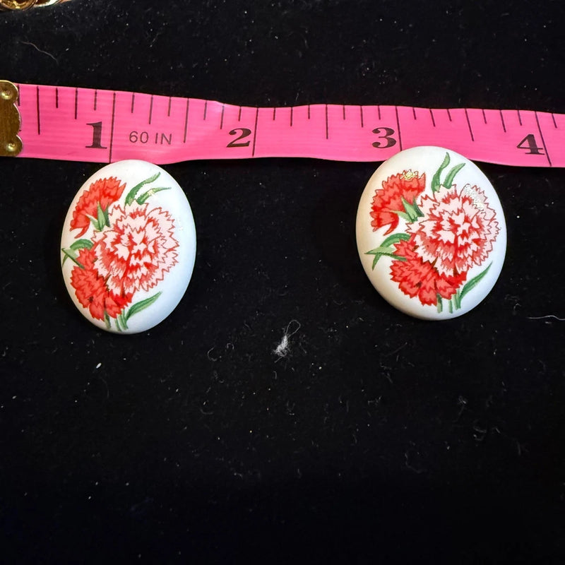 Vintage Style Ceramic Floral Oval Stud Earrings Red Pink Carnation White Post Carnation