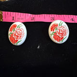 Vintage Style Ceramic Floral Oval Stud Earrings Red Pink Carnation White Post Carnation