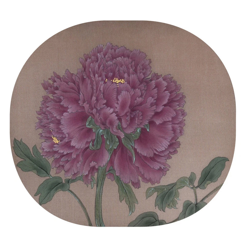 Peony watercolor wall art, round print with purple flower and green leaves