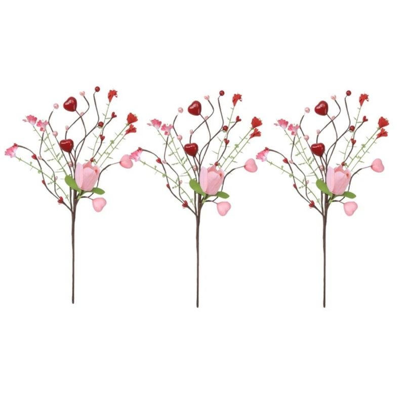 Set of 3 artificial silk flower stems with pink blooms, red berries, and green leaves