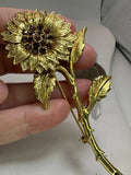 Flower on Stem Sunflower Daisy Textured Amber Rhinestone Vintage Brooch M-5066 Sunflower