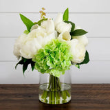 12" Artificial Peony Hydrangea and Tulip Arrangement in Glass Vase Hydrangea