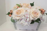 Shabby Cottage Chic Rose Flower Arrangement Silk Roses Hydrangea Flower Box Hydrangea
