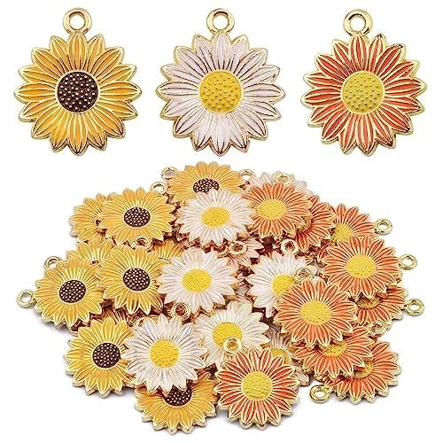 30 Pieces Alloy Enamel Sun Flower Shape Charms Lovely Daisy Flower Sunflower Sunflower