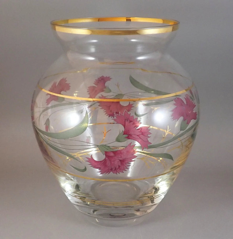 Bohemian glass floral vase with pink carnation print and gold trim, round shape