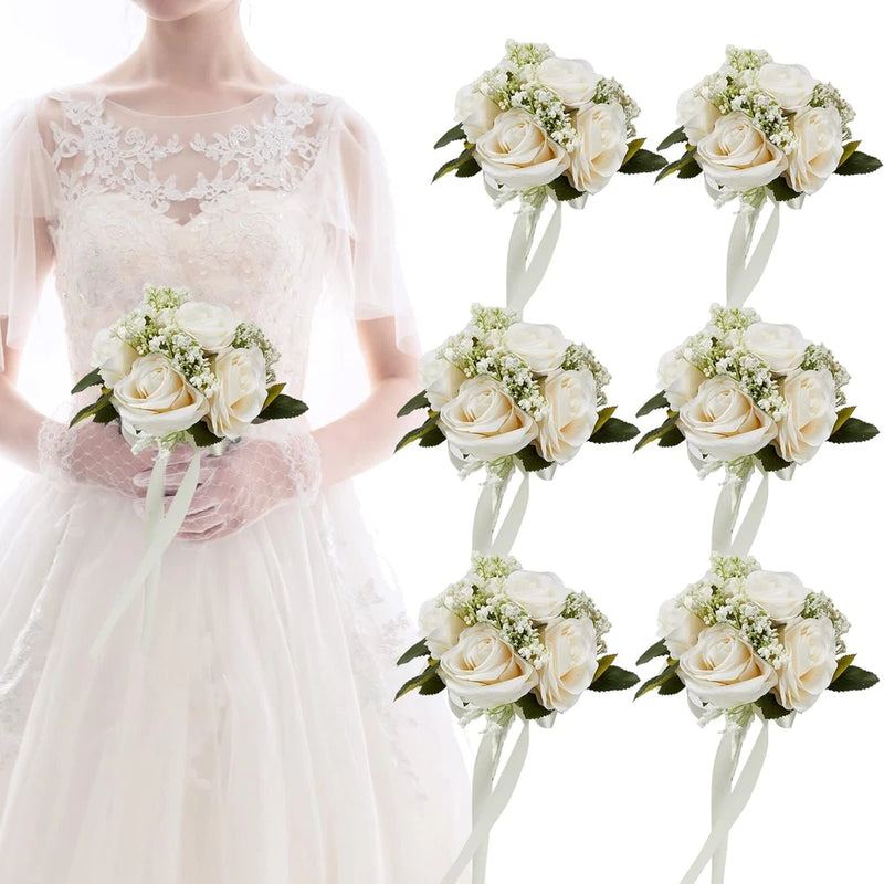 6.5" Ivory Bridesmaid Bouquet Set of 6 - Elegant Artificial Flowers Bouquet