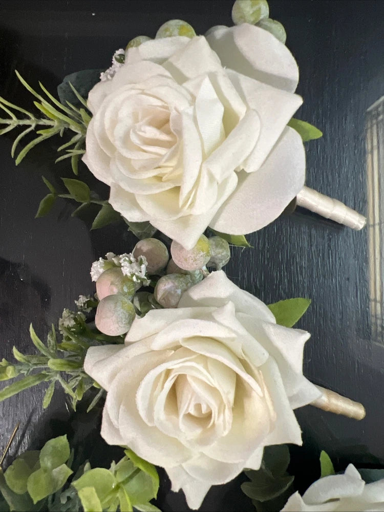 Boutonniere for Men 6pcs Groomsmen & Groom ¥ Artificial Flowers Ivory Sage Rose Bouquet