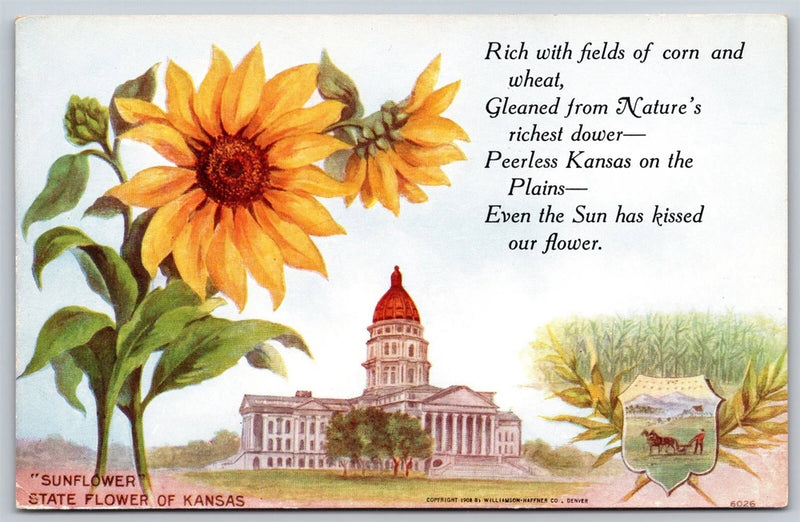 Sunflower postcard with large yellow sunflower, Kansas capitol building, and small banner