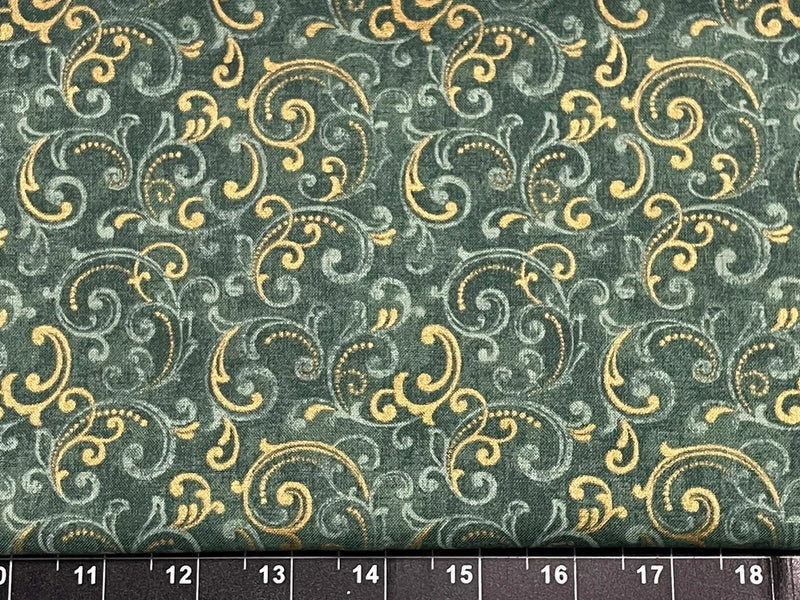 Tina Scrap 9"x21" Swirl Gold & Green Spiral Flower Floral Cotton Fabric Flowering Plants
