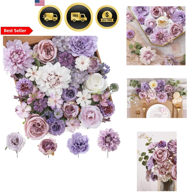 Artificial flower bouquet with purple, pink, and white silk-style roses and dahlias