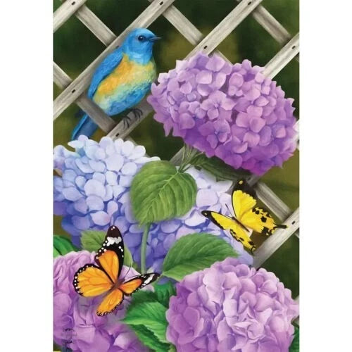 Garden house flag with purple and blue hydrangeas, butterflies, and a blue bird