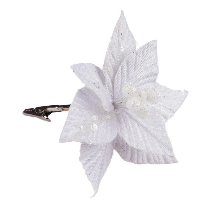 White velveteen poinsettia flower with metal clip, glittered petals