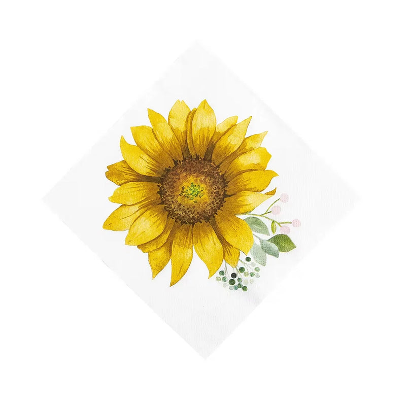 Sunflower lunch napkin with large yellow bloom and green leaves, white paper