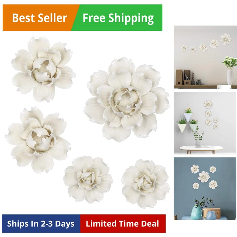 5 Pcs Ceramic Flower Wall Decor Handcrafted 3D Hanging Porcelain Flowers Wall... Peony