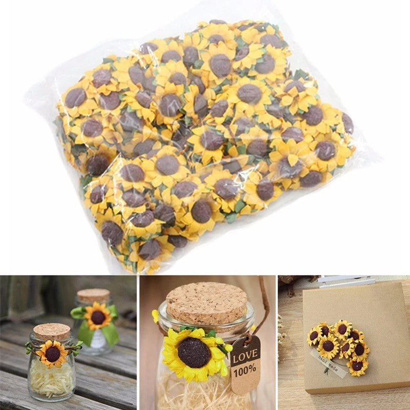 100 pcs handmade paper sunflower decorations, yellow petals with brown centers in clear bag
