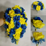 Royal Blue Yellow Rose Bridal Wedding Bouquet Accessories Bouquet