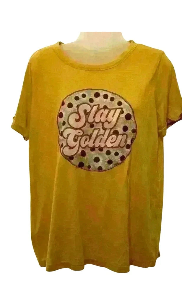 Mustard yellow graphic crew-neck tee with 'Stay Golden' circular text print