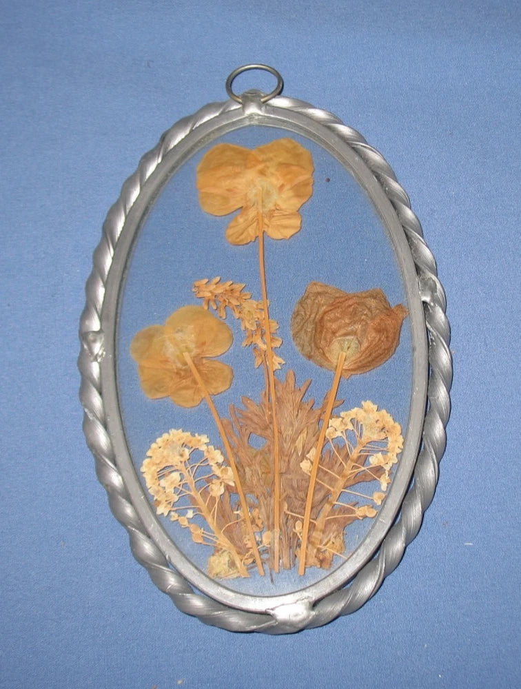 Oval silver framed dried flower arrangement with hanging loop and pressed yellow blooms