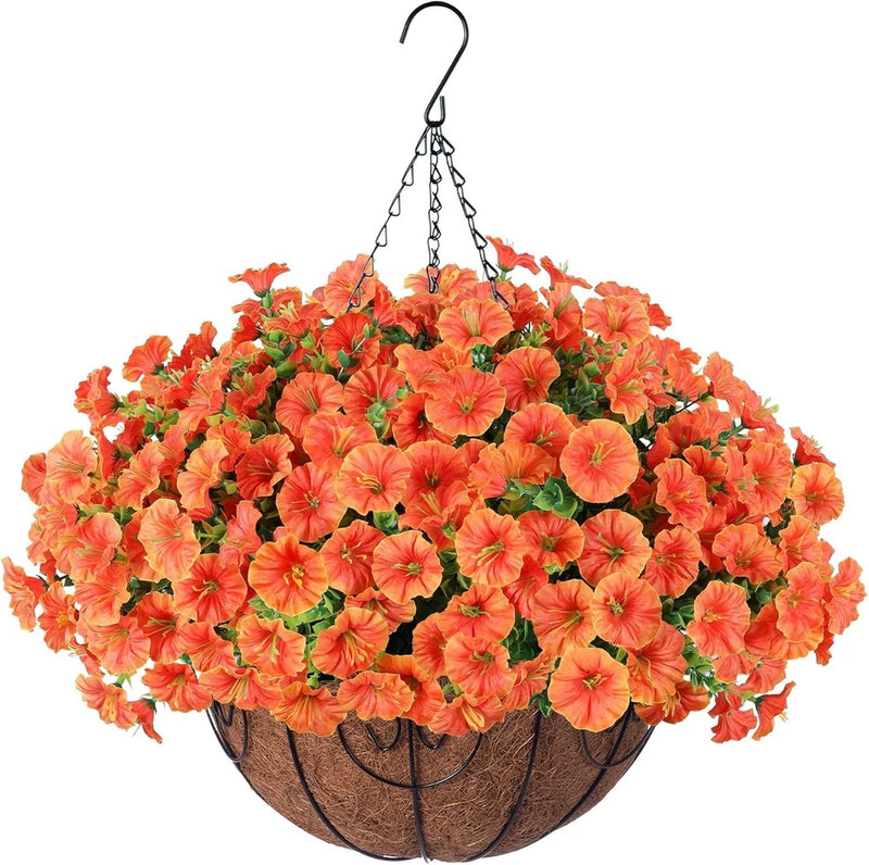 12 Bundles Faux Hanging Flowers UV Resistant Outdoor Plants Orange Flowering Plants
