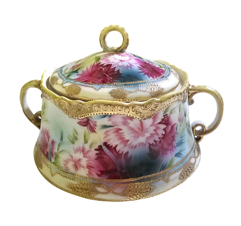 Lidded biscuit jar with gold trim and hand-painted pink floral carnations, two side handles