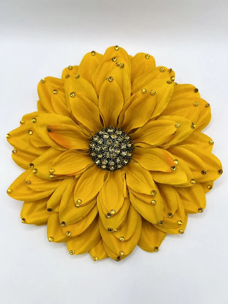 Handmade yellow sunflower brooch with rhinestone center and crystal-studded petals