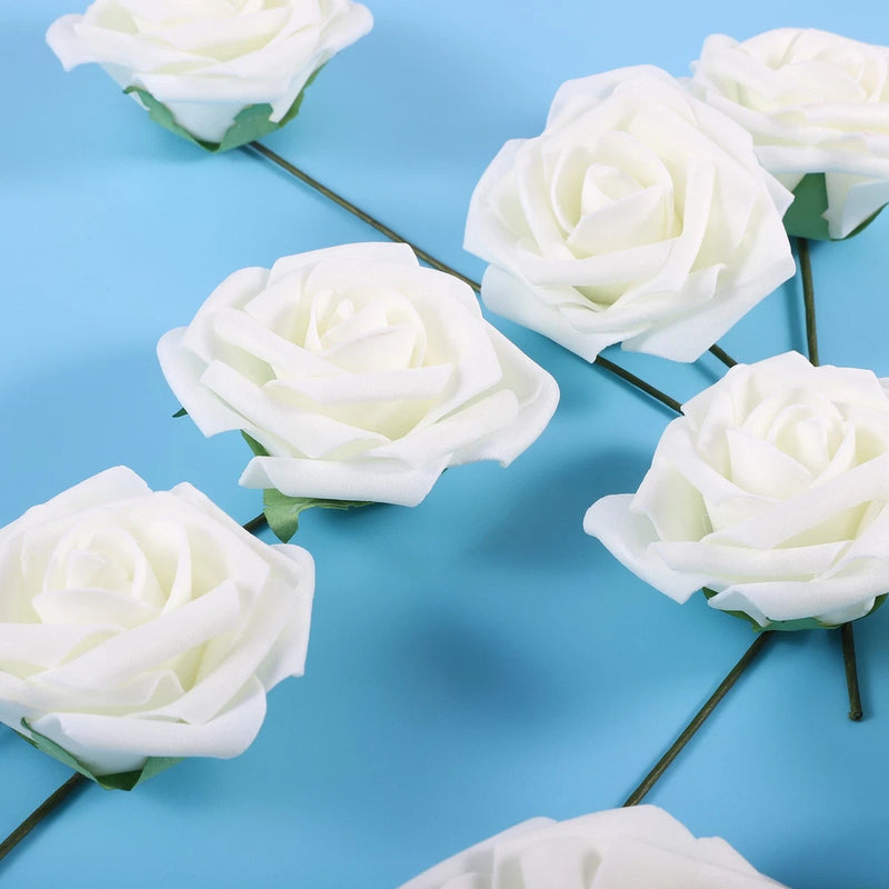 10-pack cream white faux bridal bouquet flowers with green stems and rose blooms